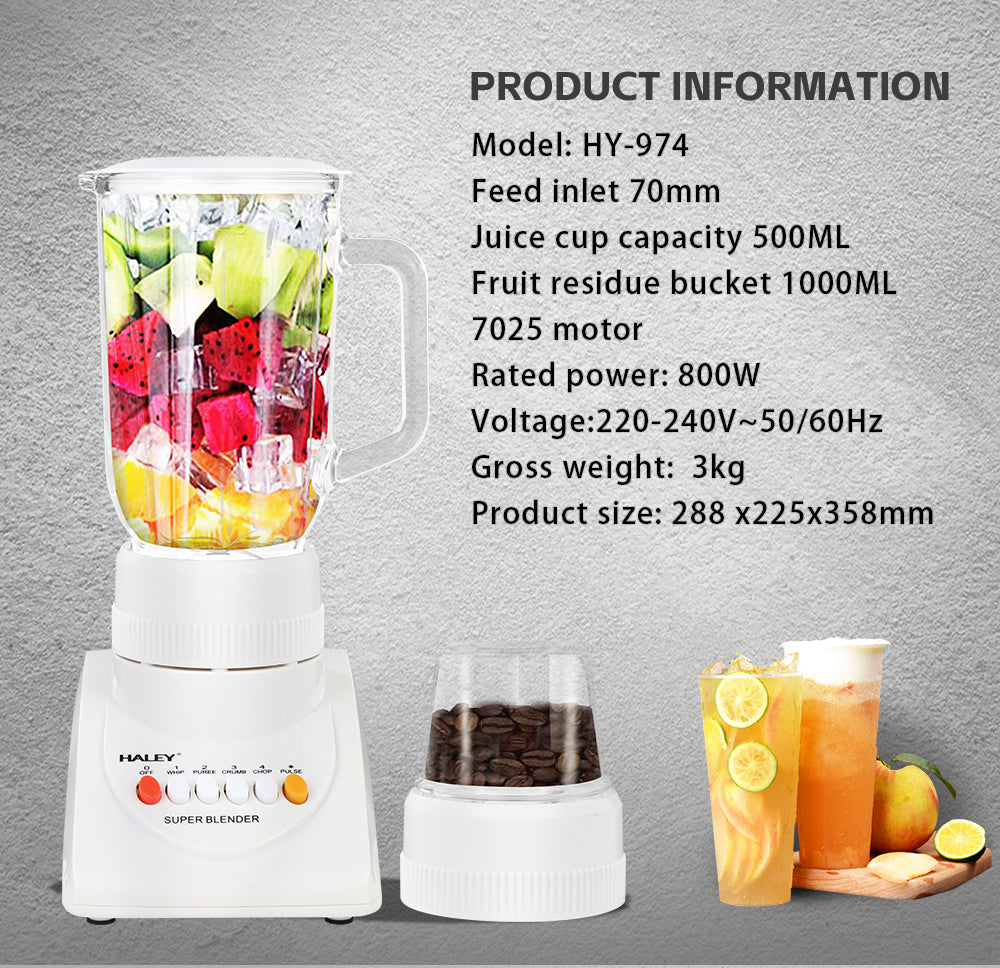 Blender Multifuncțional 2 în 1 HALEY 800W, 4 Viteze, 1L, Măcinător de Cafea, Capacitate Suc 500ml, Design Compact